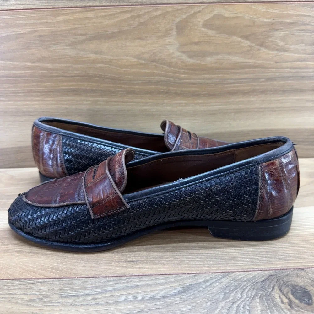 Belvedere Crocodile Woven Penny Loafers Mens 8.5 M Brown Black Slip On Modern